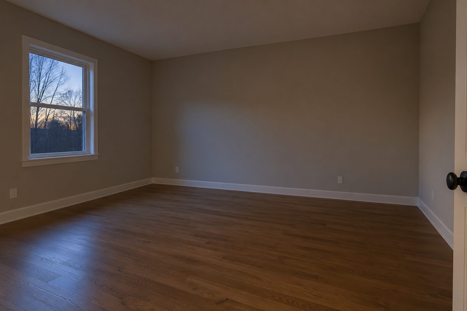 Empty bedroom at dusk with one window