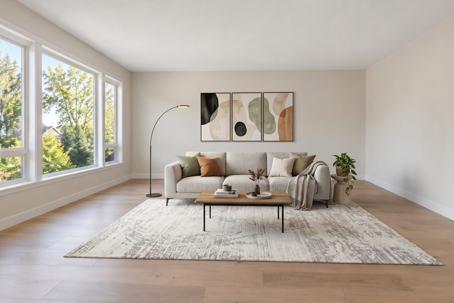The same living room staged with modern furniture