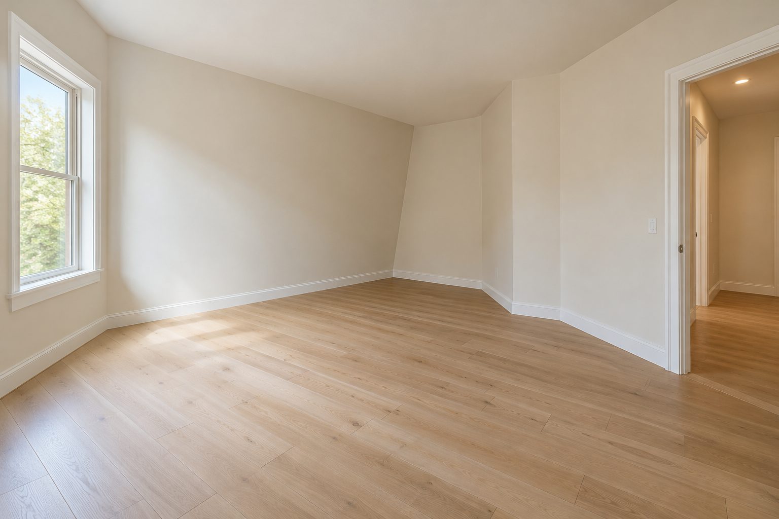 Empty room with angled walls and a doorway
