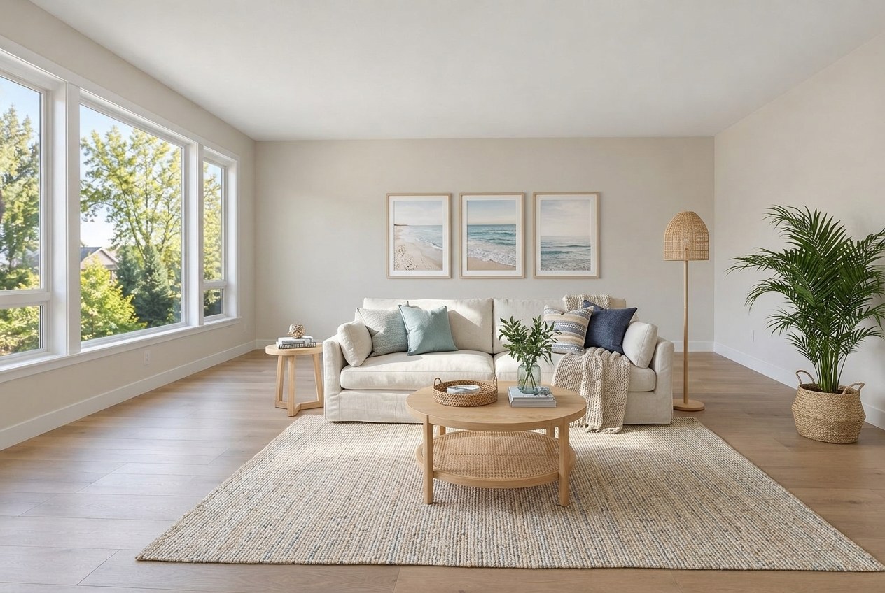 Coastal living room staging example