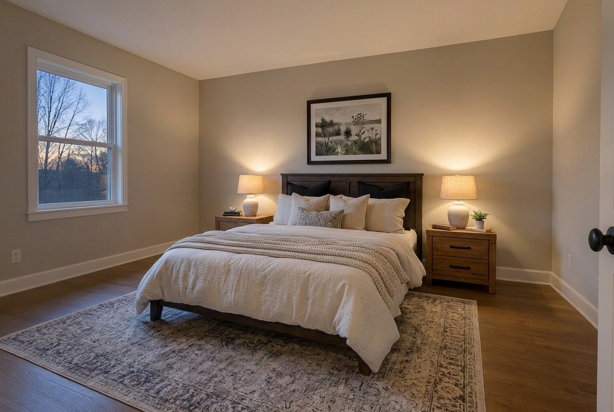 The same room virtually staged as a farmhouse bedroom