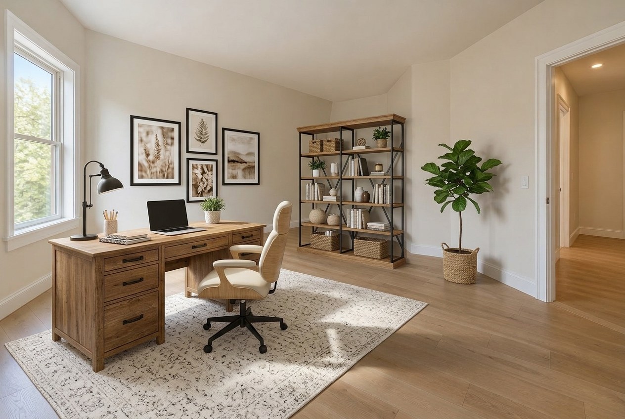 The same room virtually staged as a farmhouse home office