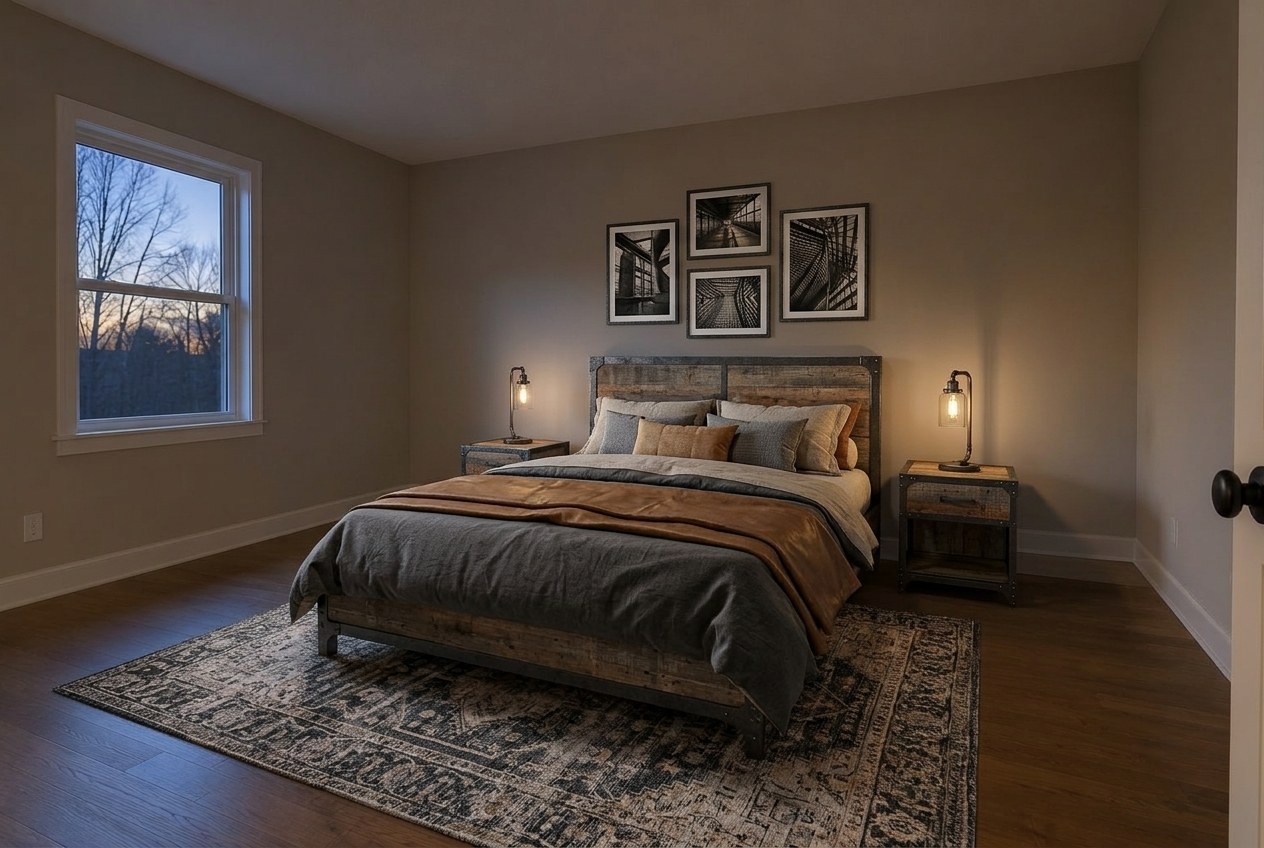 The same room virtually staged as a industrial bedroom