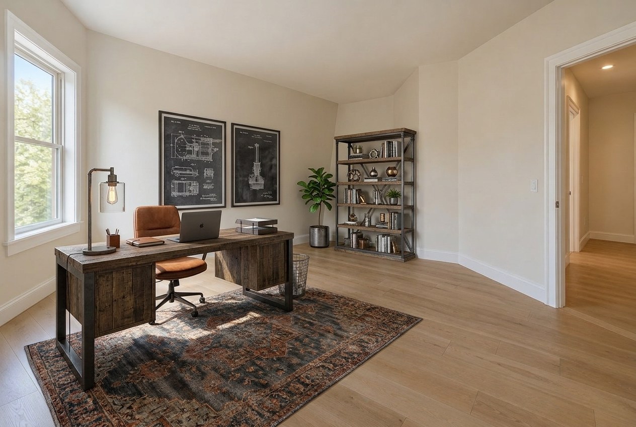 The same room virtually staged as a industrial home office