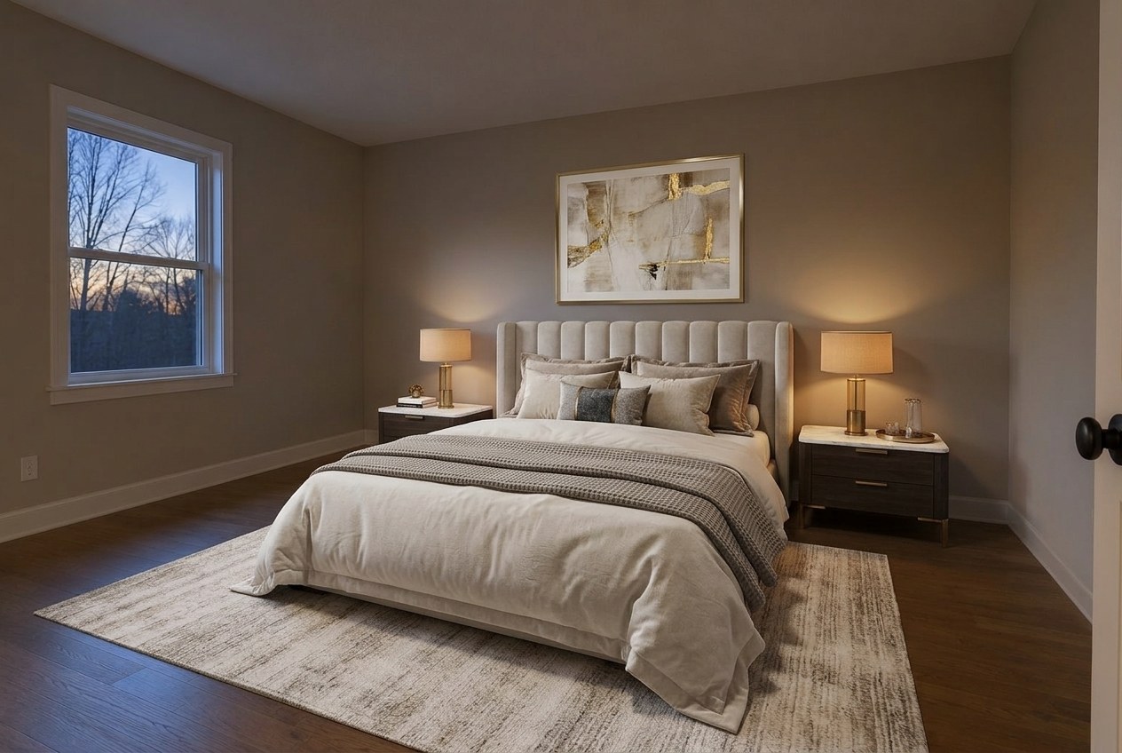 The same room virtually staged as a luxury bedroom