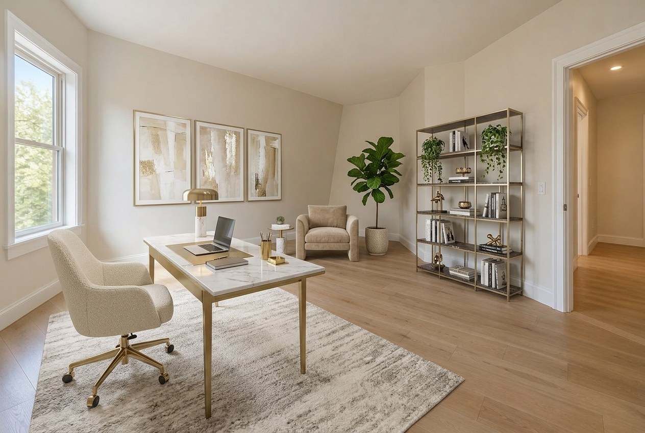 The same room virtually staged as a luxury home office