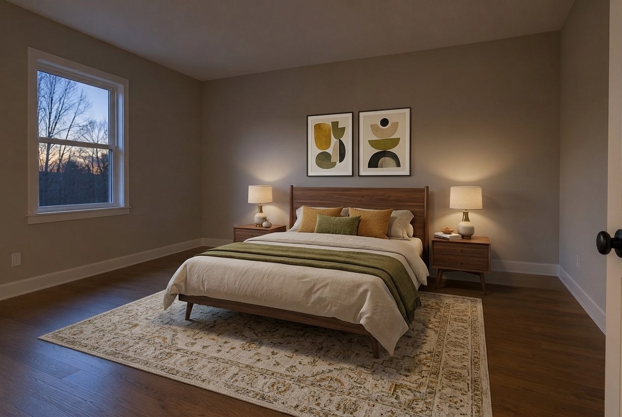 The same room virtually staged as a mid-century modern bedroom