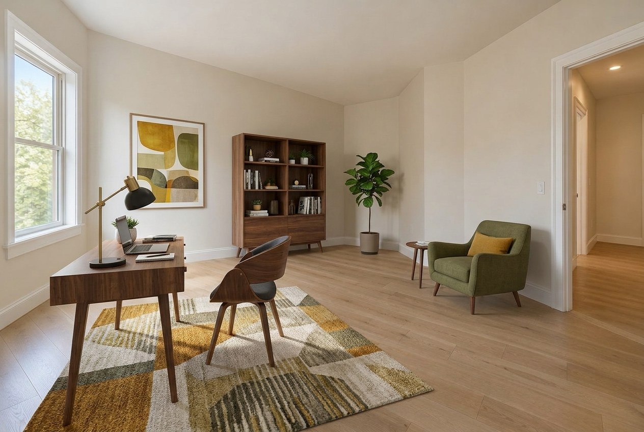 The same room virtually staged as a mid-century modern home office