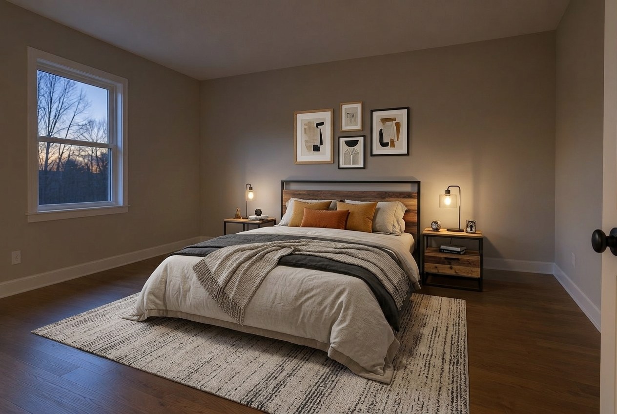 The same room virtually staged as a modern bedroom
