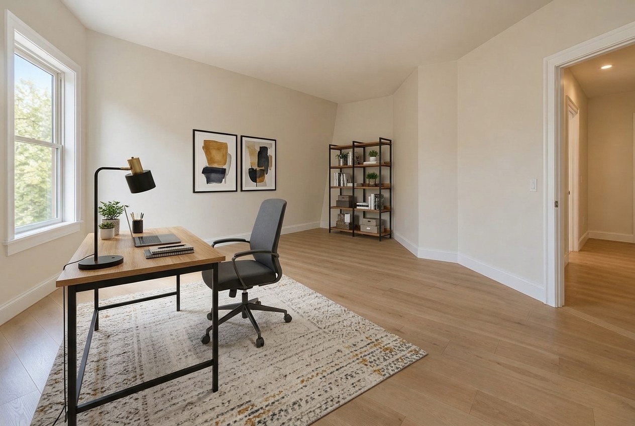 The same room virtually staged as a modern home office