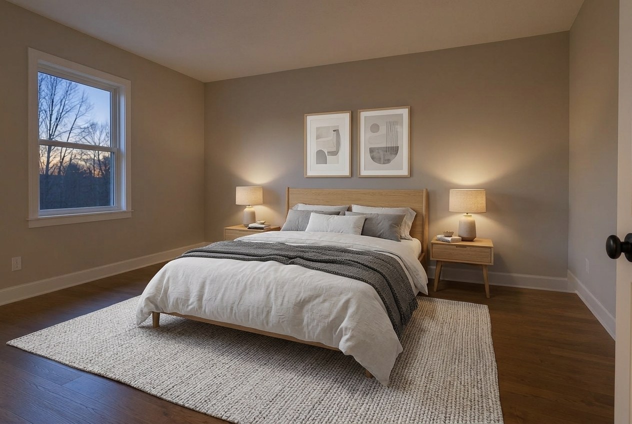 The same room virtually staged as a scandinavian bedroom