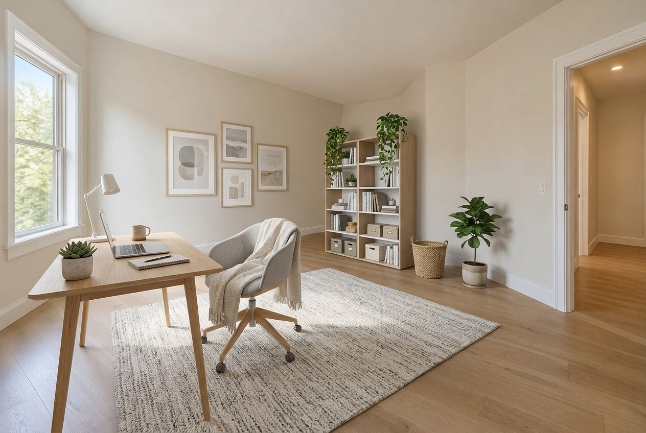 The same room virtually staged as a scandinavian home office
