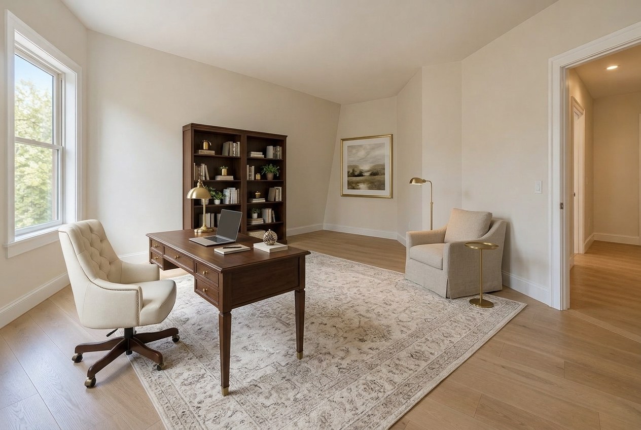 The same room virtually staged as a traditional home office